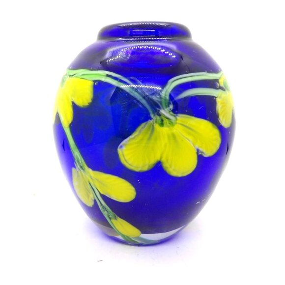 Kusak Crystal Cobalt Blue Hand Blown Hand Painted 5.5" Vase - Picture 3 of 4